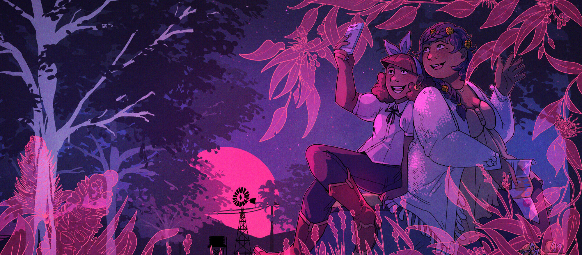 a cropped image of the print cover of A Week In Warrigilla Book One. it shows Hazel and Willie sitting atop their car, Patricia, smiling and taking a selfie. a darkly lit Australian road winds away into the background between gum trees and windmills. the w